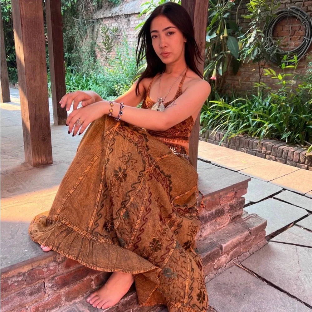 Brown Maxi Skirt and Top Set— Boho Floral Print Women's Maxi - Picture 5 of 7